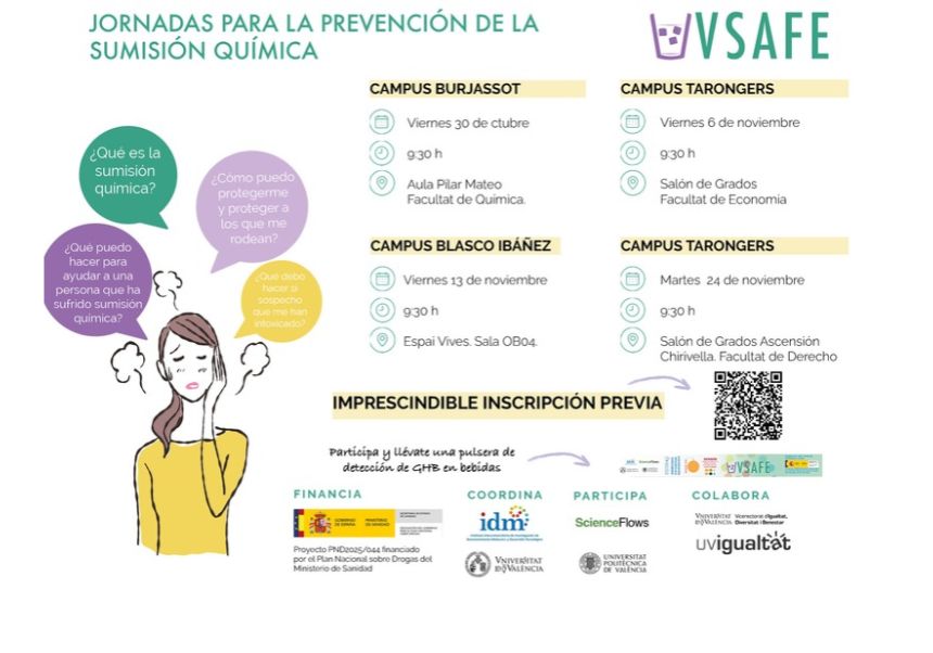 Imagen del evento:En el cartel se muestra un gráfico con algunas preguntas ¿qué es la sumisión química? ¿cómo puedo protegerme y proteger a los que me rodean?
